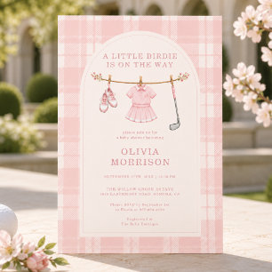 Invitation Little Birdie Golf Fille Rose Carreaux Baby Shower
