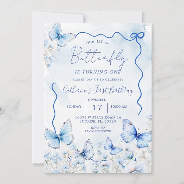 Invitation Little Blue Butterflies fête d'anniversaire (Devant)