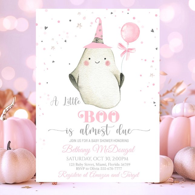 Invitation Little Boo est presque à Baby shower (Little Boo ghost baby shower with bow and Halloween theme, gender-neutral and festive design.)