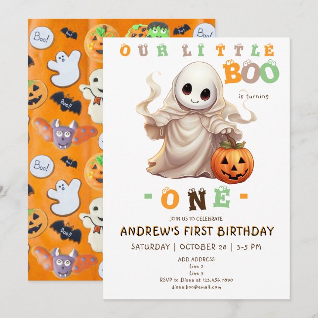 Invitation Little Boo Halloween Ghost Any Age 1er Anniversair (Devant / Derrière)