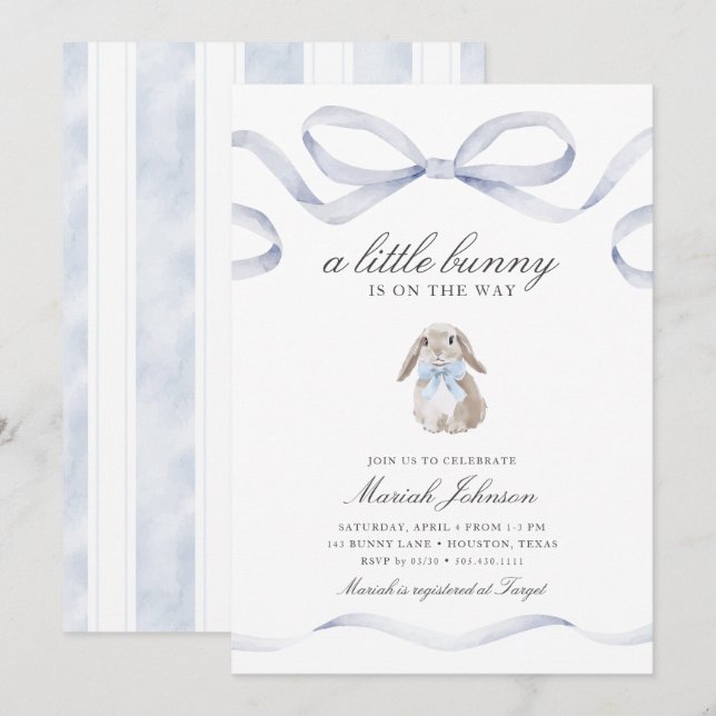 Invitation Little Bunny Baby Shower | Boy Blue Spring Easter (Devant / Derrière)