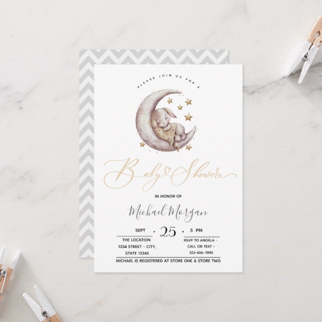 Invitation Little Bunny Moon Stars Zigzag Baby shower (Devant/Arrière en situation)