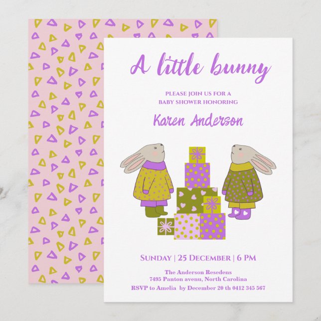 Invitation Little Bunny Presents Birthday Baby Shower   (Devant / Derrière)