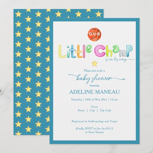 Invitation Little Champ est sur son chemin Baby shower aquare (Devant / Derrière)