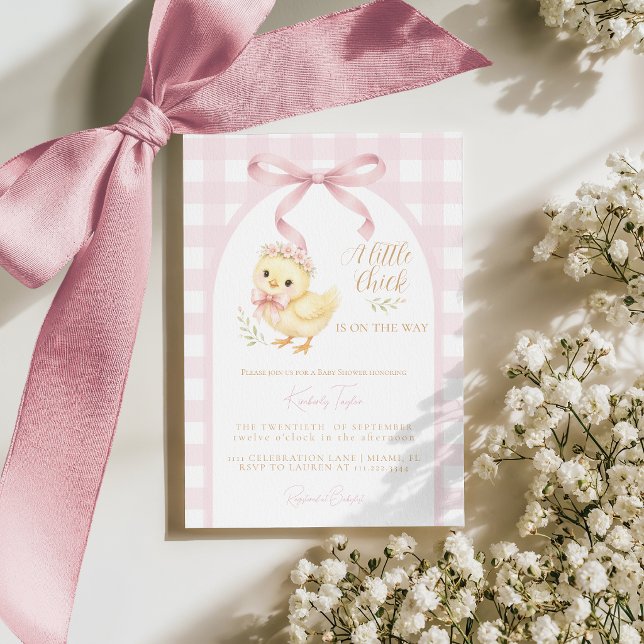 Invitation Little Chick Bow Pink Gingham Girl Baby Shower (Créateur téléchargé)