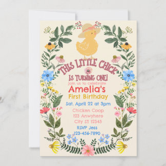 Invitation Little Chick is One, Floral 1st Birthday