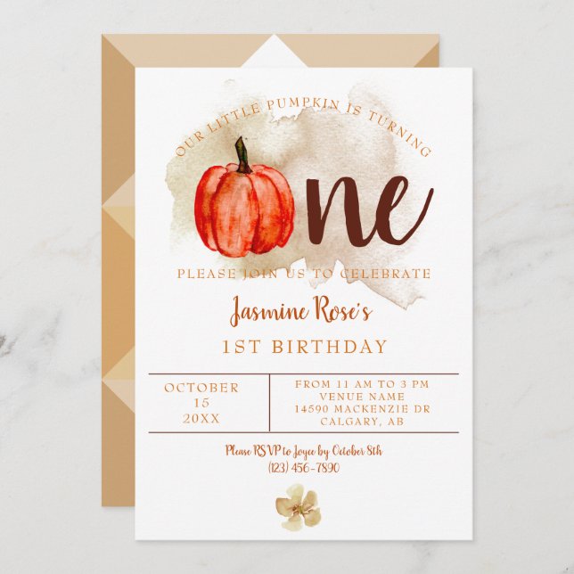 Invitation Little Citrouille 1er anniversaire aquarelle Orang (Devant / Derrière)