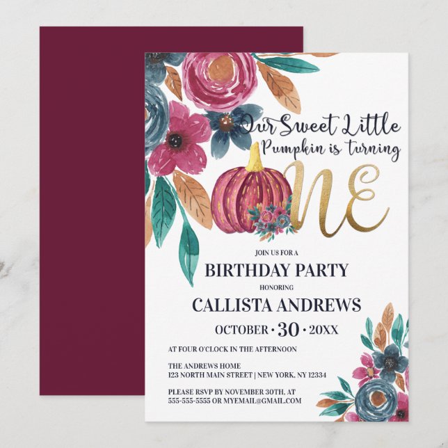 Invitation Little Citrouille Fall White Gold Floral 1er anniv (Devant / Derrière)