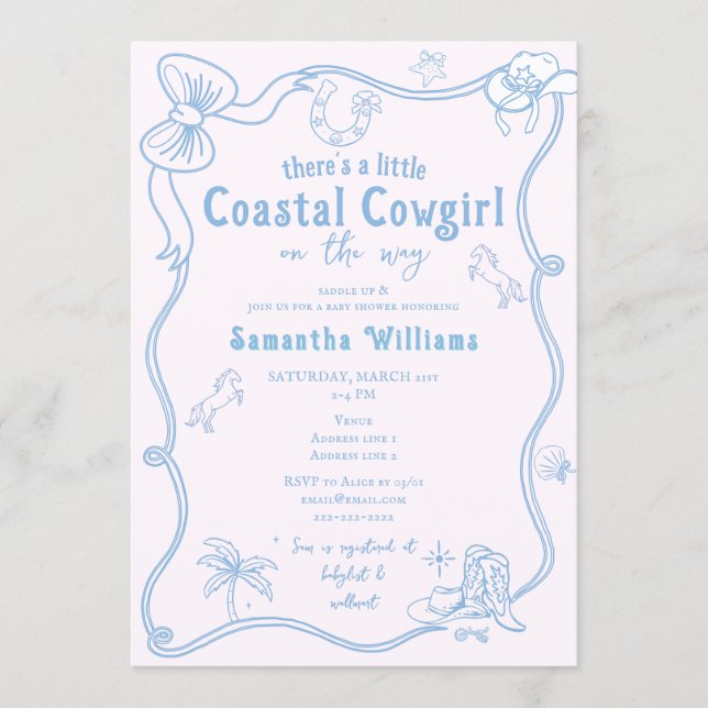 Invitation Little Coastal Cowgirl Pink Blue Girl Baby Shower (Devant)