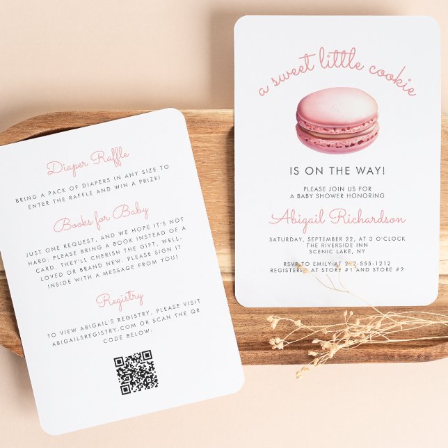 Invitation Little Cookie Macaron QR Code Baby shower rose (Créateur téléchargé)