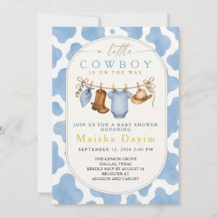 Invitation Little Cowboy Boy Blue Cow Imprimé Baby Shower