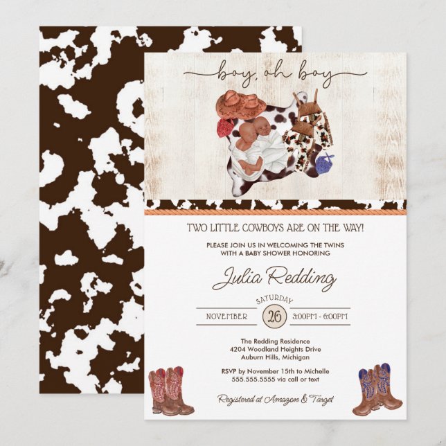 Invitation Little Cowboy Twin Boys Western V3 Baby shower (Devant / Derrière)
