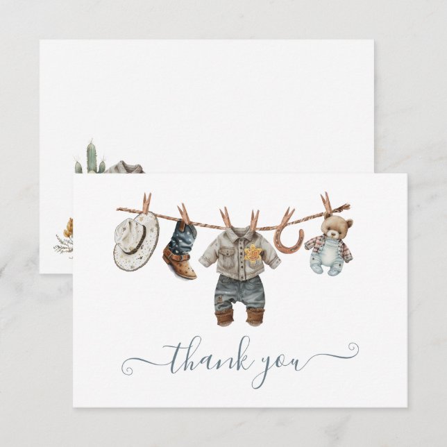 Invitation Little Cowboy Western Watercolor Merci note (Devant / Derrière)