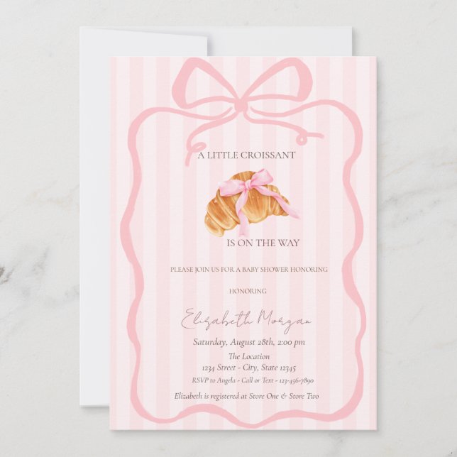 Invitation Little Croissant Pink Bow Pink Stripes Baby Shower (Devant)