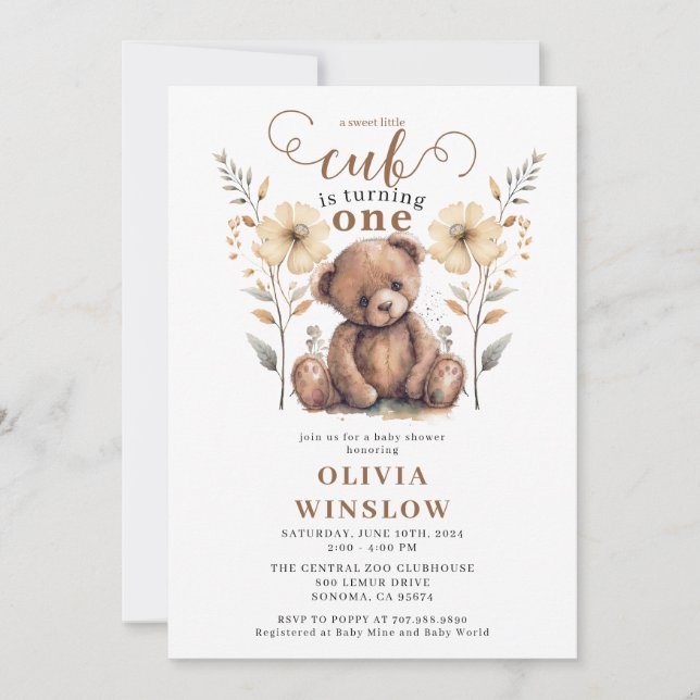 Invitation Little Cub Aquarelle Teddy Bear 1er anniversaire (Devant)