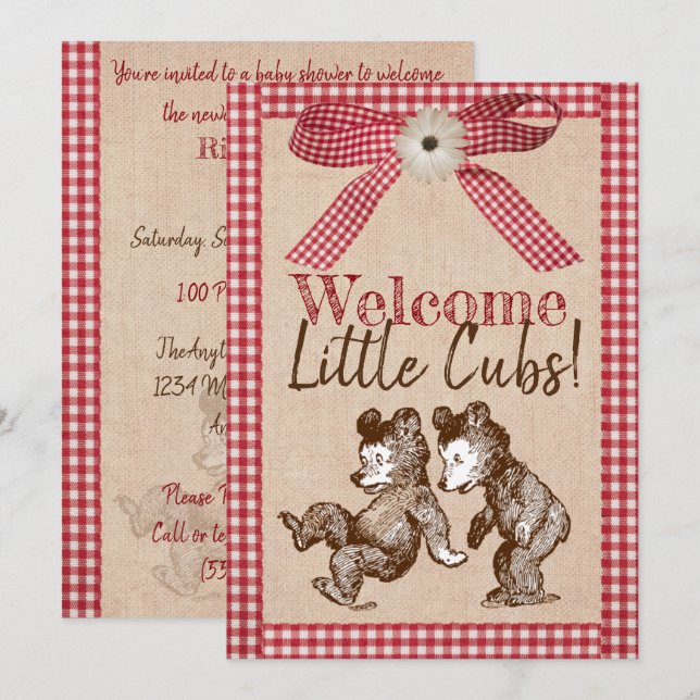Invitation Little Cubs Twin Genre Baby shower neutre (Devant / Derrière)