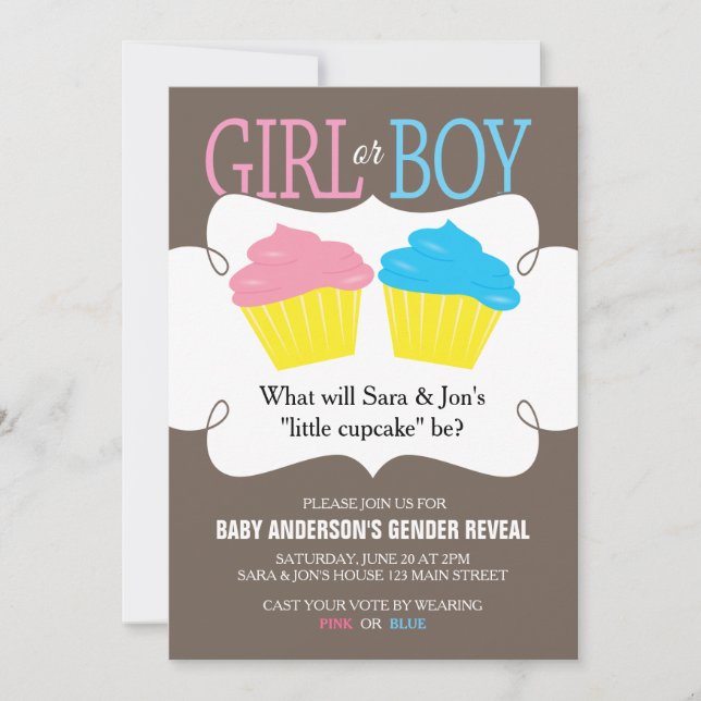 Invitation Little Cupcake Pink ou Blue Genre Revevela Party (Devant)