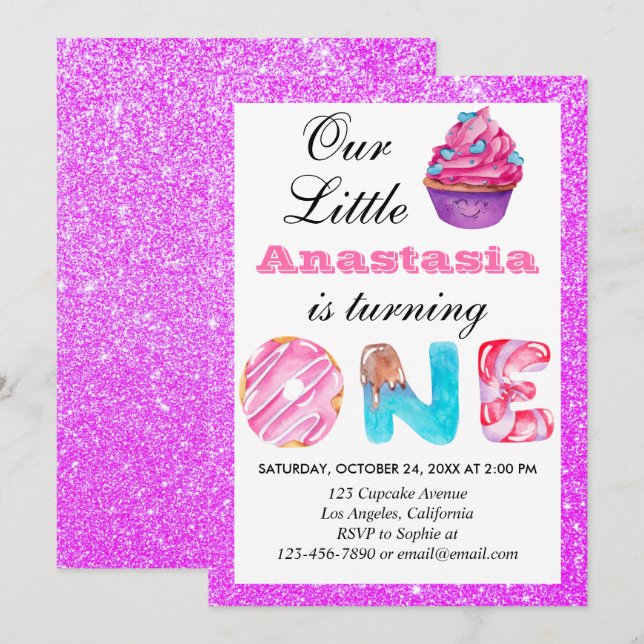 Invitation Little Cupcake Purple Parties scintillant 1er anni (Devant / Derrière)