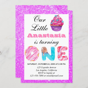 Invitation Little Cupcake Purple Parties scintillant 1er anni