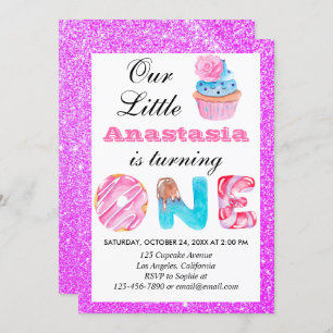 Invitation Little Cupcake Purple Parties scintillant 1er anni