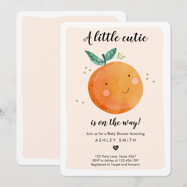 Invitation Little Cutie Baby shower Clementine Genre Neutre (Devant / Derrière)