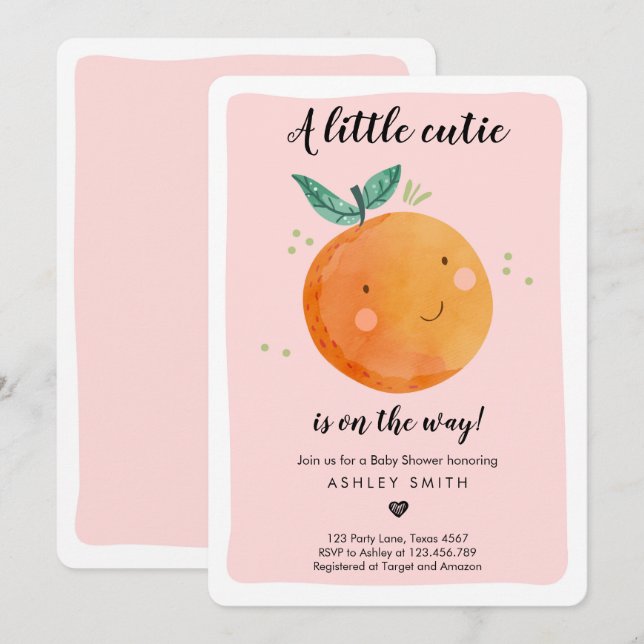 Invitation Little Cutie Baby shower Clementine Rose Girl (Devant / Derrière)