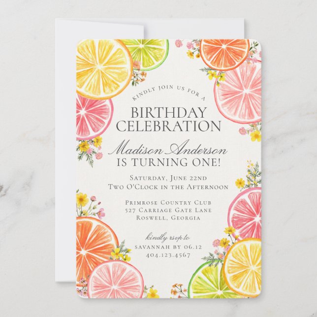 Invitation Little Cutie Citrus Floral Orange Fête d'anniversa (Devant)