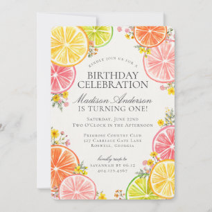 Invitation Little Cutie Citrus Floral Orange Fête d'anniversa