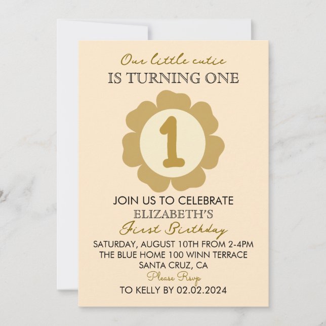 Invitation Little Cutie Gold Floral 1er anniversaire Invitati (Devant)