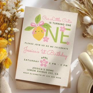 Invitation Little Cutie Lemon& Daisy Pink 1st Birthday Party