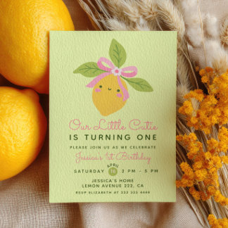 Invitation Little Cutie Lemon Fruit Green 1st Birthday Party
