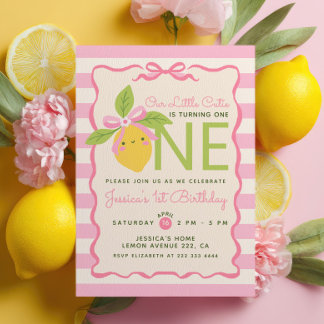 Invitation Little Cutie Lemon Fruit Pink 1st Birthday Party