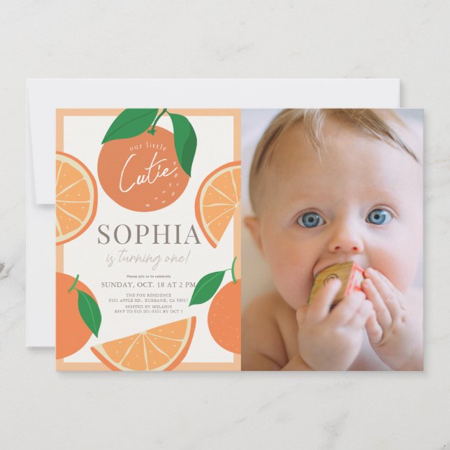 Invitation Little Cutie Modern Orange 1ère photo d'anniversai (Devant)