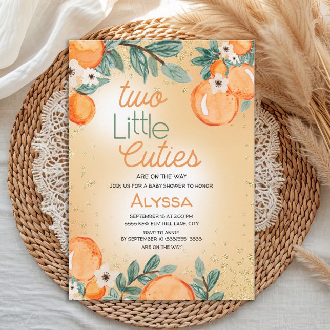 Invitation Little Cutie Orange Green Twin Baby Shower (Two Little Cuties twin baby shower invitation)