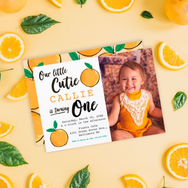 Invitation Little Cutie Orange Photo Premier anniversaire (Créateur téléchargé)