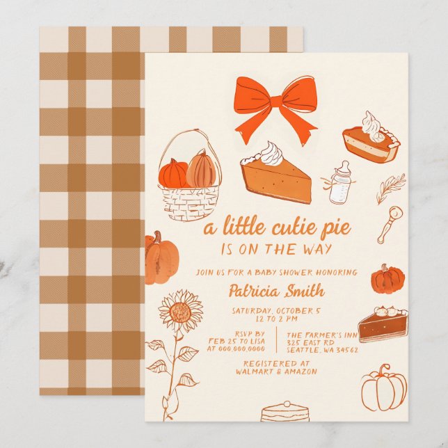 Invitation Little Cutie Pie dessiner à la main doodle Baby sh (Devant / Derrière)