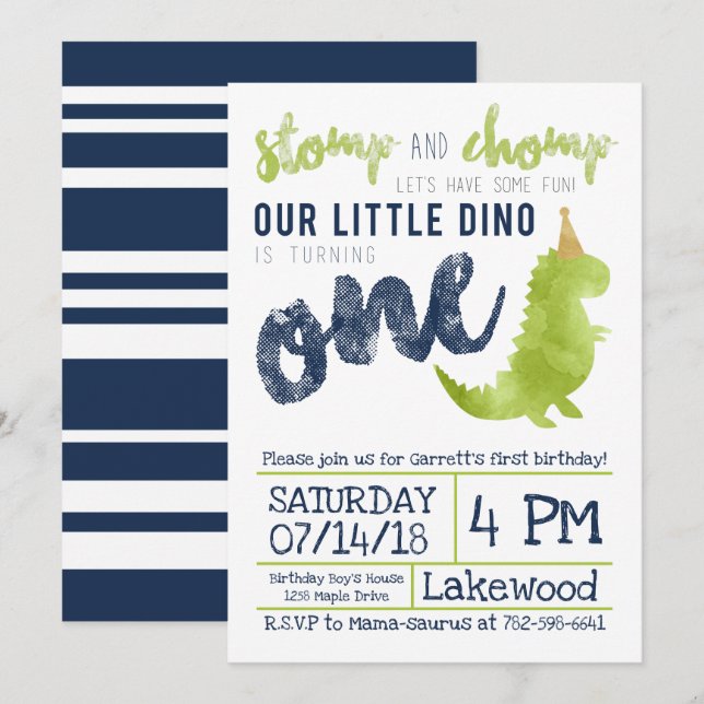 Invitation Little Dino Premier anniversaire Dinosaur thème Bo (Devant / Derrière)