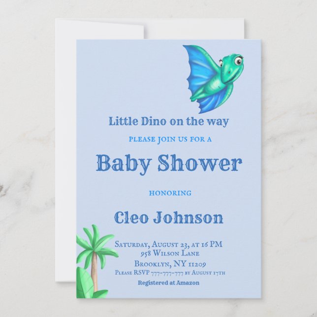 Invitation Little Dino sur le Baby shower de garçon Blue Way (Devant)