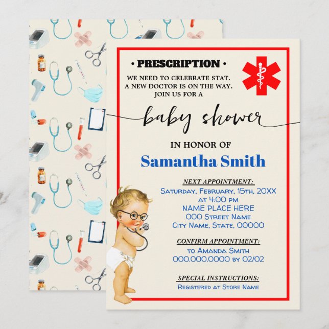 Invitation Little Doctor est sur son chemin Médicale Baby sho (Devant / Derrière)