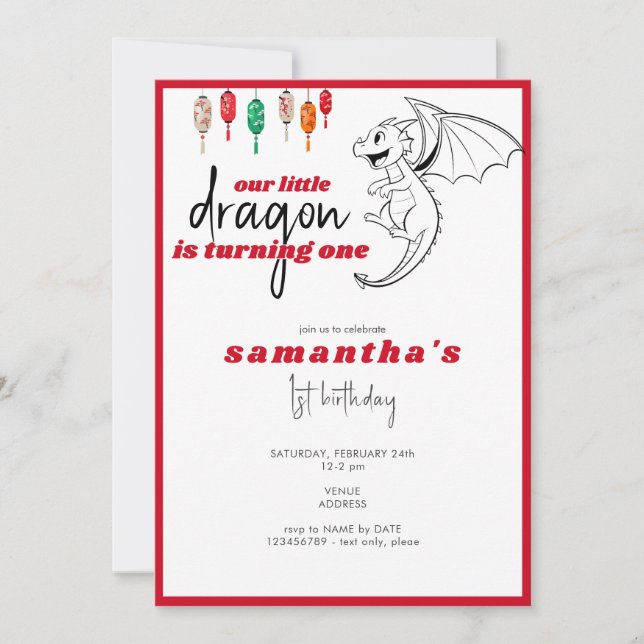 Invitation Little Dragon Red Baby Dragon 1ère fête d'annivers (Devant)