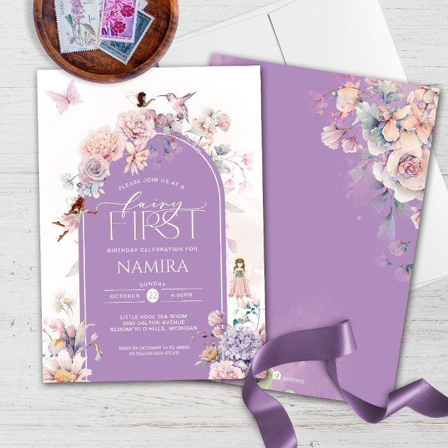 Invitation Little Fairy Premier Anniversaire Rose Purple Flor (Créateur téléchargé)