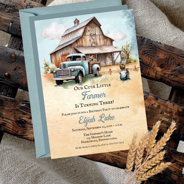 Invitation Little Farmer Fête Trois 3ème Anniversaire ("Our Cute Little Farmer Is Turning Three!" Boy 3rd Birthday Party Rustic Truck | Barn Invitation)