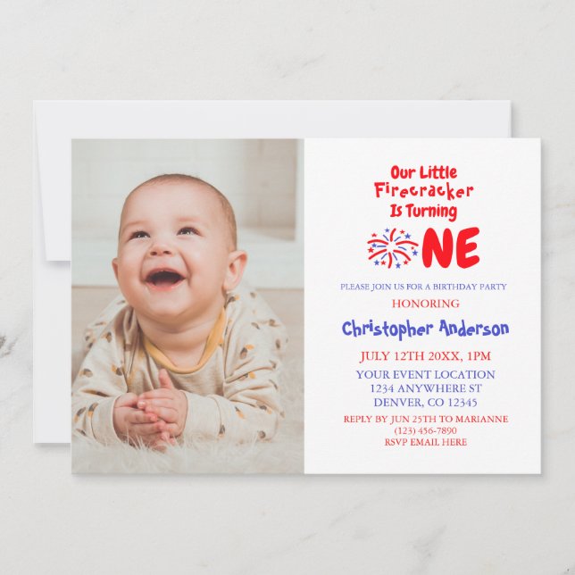 Invitation Little Firecracker 1er anniversaire (Devant)