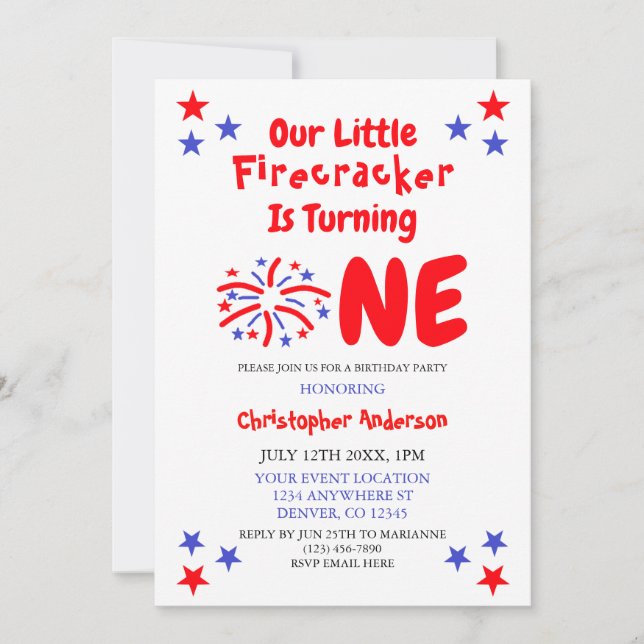 Invitation Little Firecracker 1er anniversaire (Devant)
