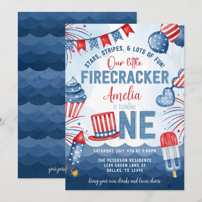 Invitation Little Firecracker 4 juillet 1ère fête d'anniversa (Devant / Derrière)