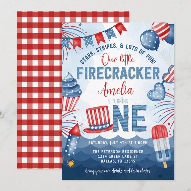 Invitation Little Firecracker 4 juillet 1ère fête d'anniversa (Devant / Derrière)