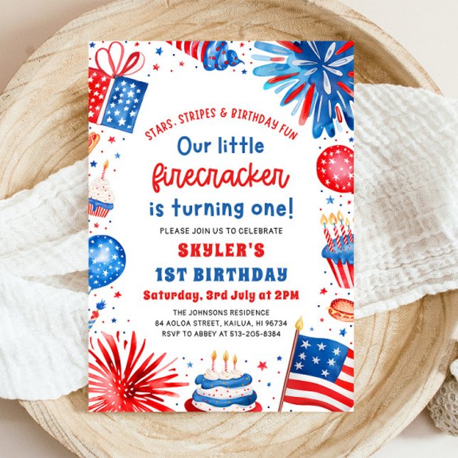 Invitation Little Firecracker 4 juillet 1ère fête d'anniversa (Watercolor Patriotic Little Firecracker 4th of July Photo 1st Birthday Party Invitation)