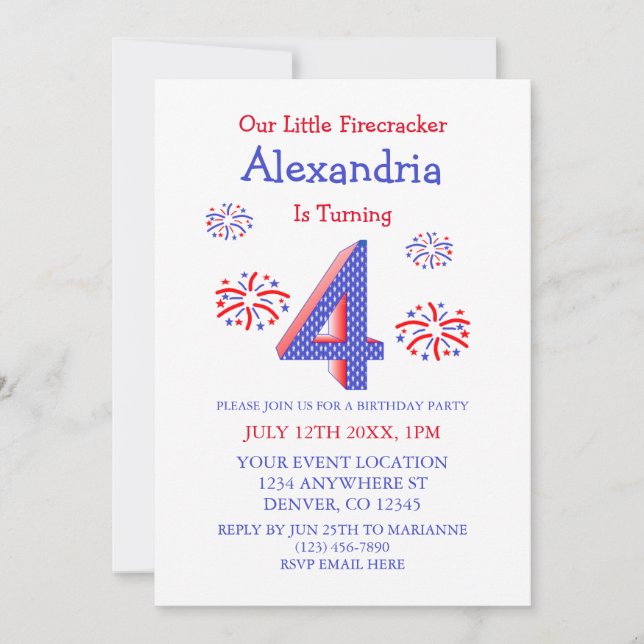 Invitation Little Firecracker 4e anniversaire (Devant)