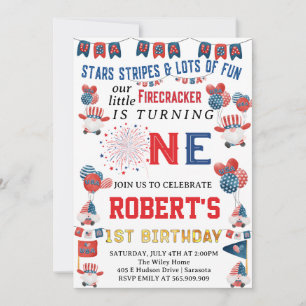 Invitation Little Firecracker Gnome 1er anniversaire 4 juille