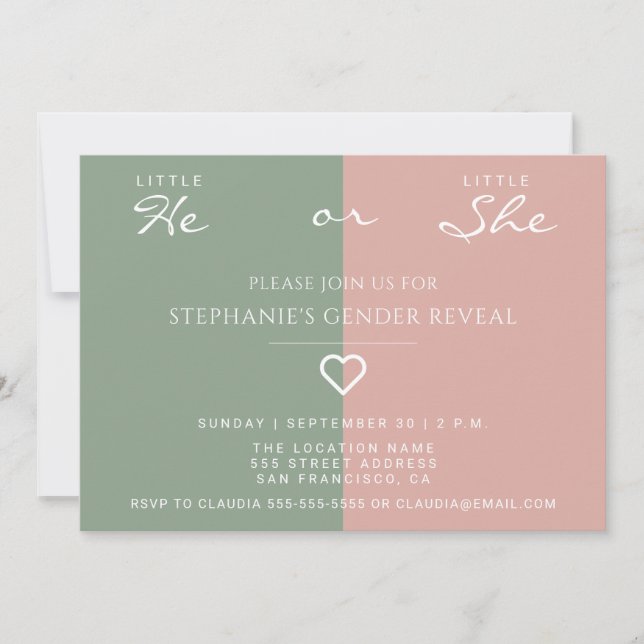 Invitation Little He, Little She Heart Dusty Rose, Sage Green (Devant)